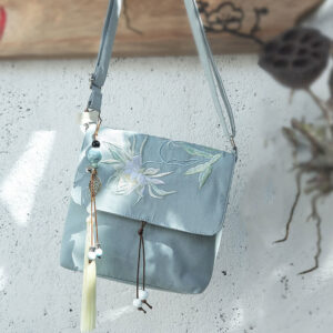 Plain Embroidered LightBlue Epiphyllum Cotton Linen Crossbody Bag Shoulder Bag