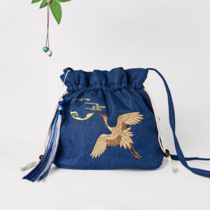 Embroidered Navy Blue Crane Cotton Linen Crossbody Bag Shoulder Bag