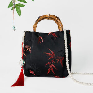 Polyester Cotton Embroidery Leaves Bamboo Handle Pearl Crossbody Bag Hangbags