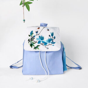 Handmade Blue Magnolia Embroidered Large Capacity Canvas Backpack