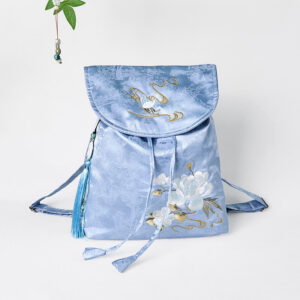 Handmade Blue Camellia Embroidered Large Capacity Polyester Cotton Backpack