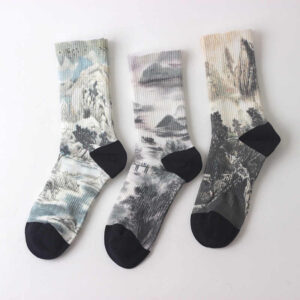 Chinese Ink Painting Landscape Pattern Micro Crew Three Pairs Men Women Unisex Socks