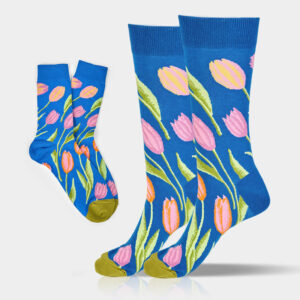 Mediumblue Tulip Pattern Men Women Unisex Cotton Crew Socks